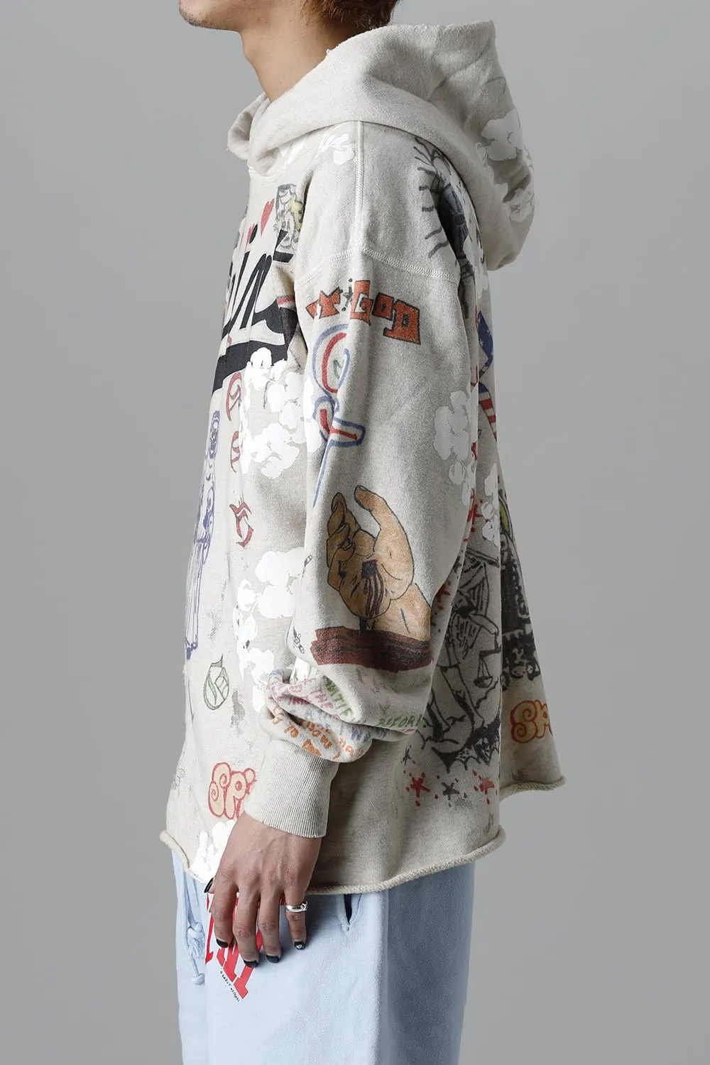 DENIM TEARS × ©SAINT M×××××× "SAINT TEARS" Graffiti Hoodie Joint Model Cotton Graffiti Hoodie Fully Printed Washed Distressed Holes Vintage Sweatshirt Gray S-XL Super Heavy Duty! The whole piece is printed with 35 screens and counterpoint printing!